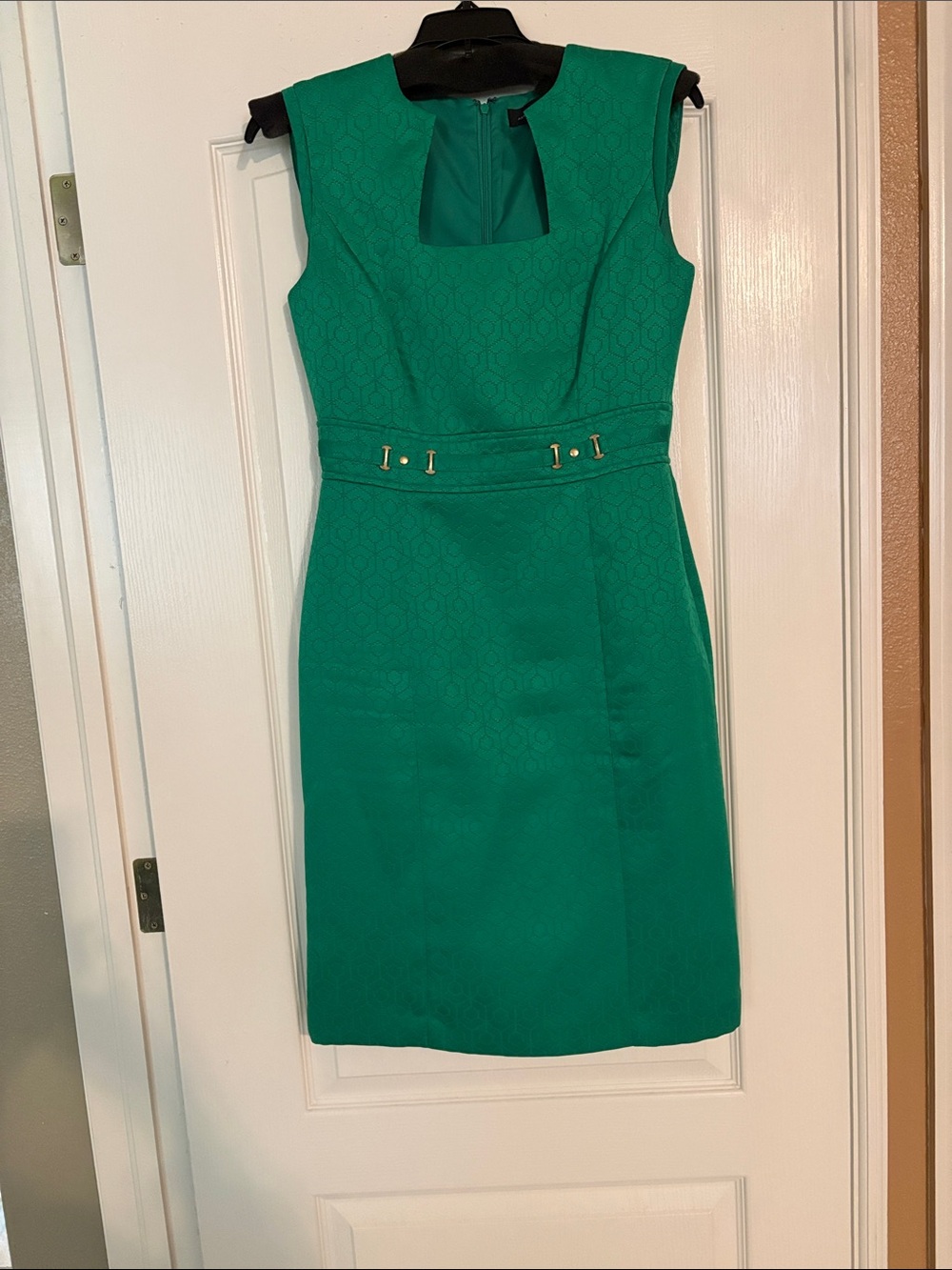 Tailored Emerald Midi Dress with Gold Accent Belt